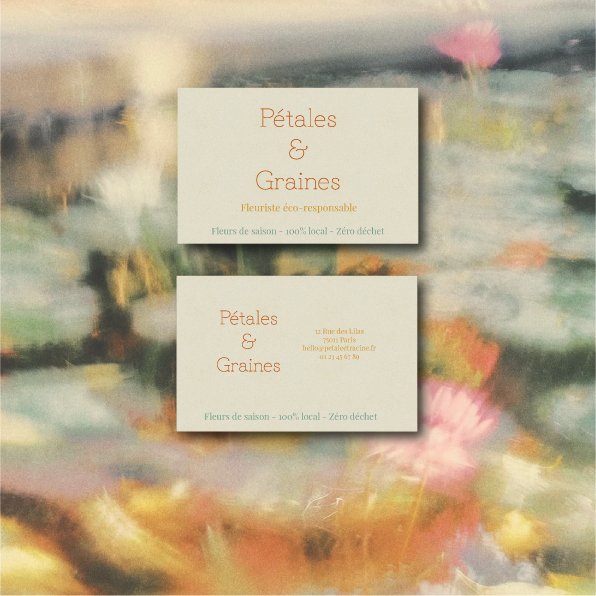Carte de visite avec l'identité visuelle de Pétales et Graines, fleuriste responsable